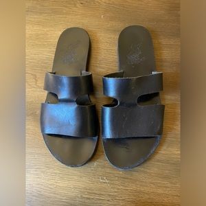 Ancient Greek sandals, size 39. Leather slides with cutouts.